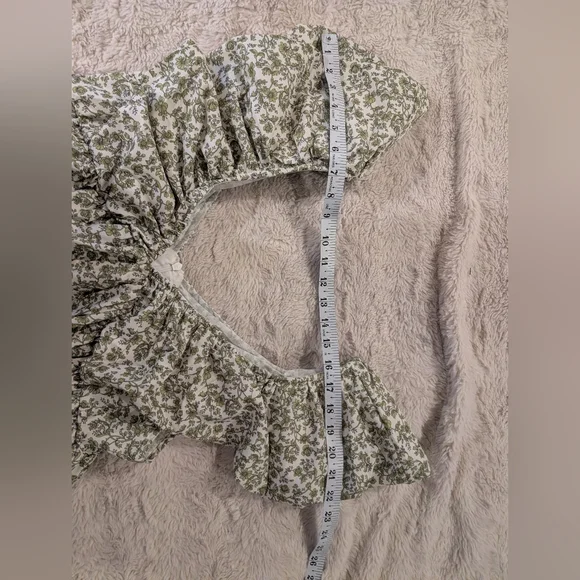 Green Floral Patterned Mini V Neck Puff Sleeve Babydoll Dress L - Picture 10 of 15